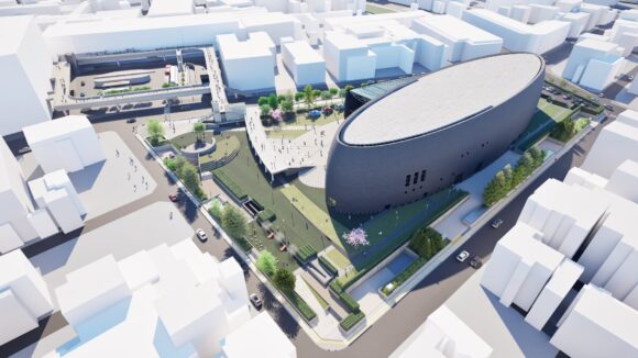 なら100年会館外構改修計画 北西からの俯瞰パース